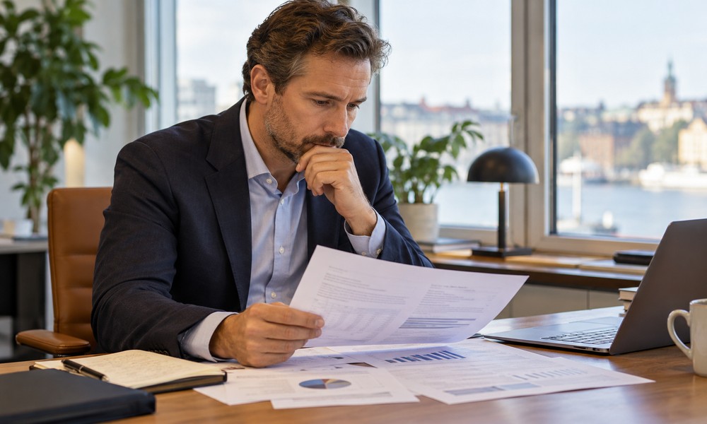 Företagsköpare granskar budget och finansiering